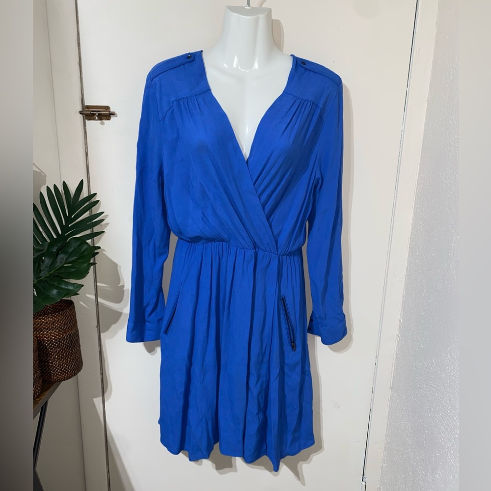 Anthropologie Maeve Blue Lene Crepe Faux Wrap Dress Roll tab long sleeve S NWOT - Picture 4 of 10
